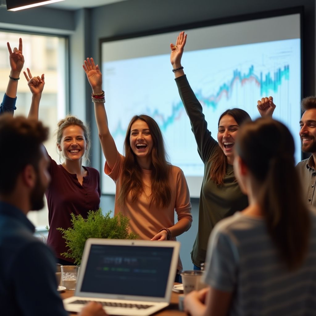 Equipo de una startup celebrando su éxito financiero.