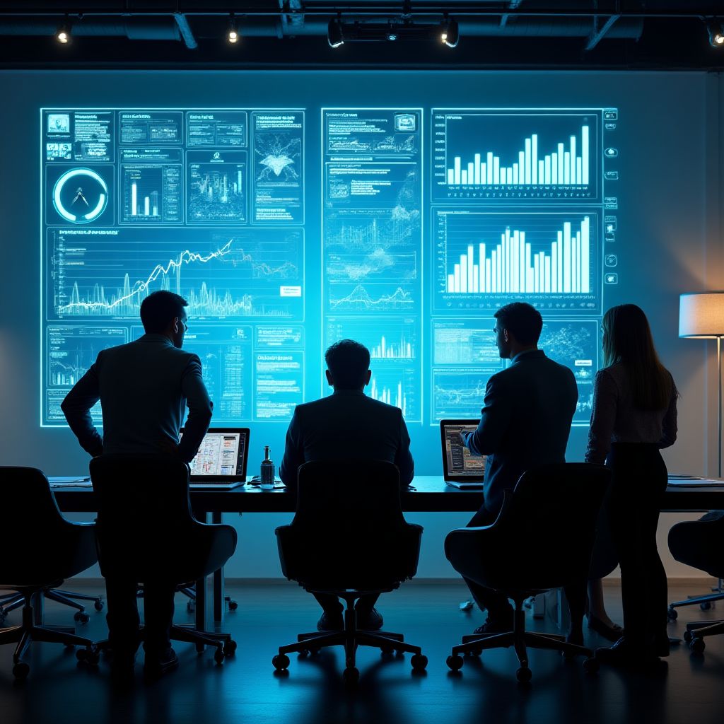 Reunión de equipo corporativo analizando datos financieros.